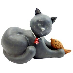 Vintage 1998 Crazy Mountain Designers Handpainted Gray Cat w/ Bell and Fish 3 1/